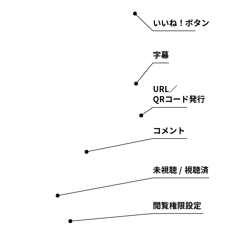 いいね！ボタン、字幕、URL／QRコード発行、コメント、未視聴／視聴済、閲覧権限設定