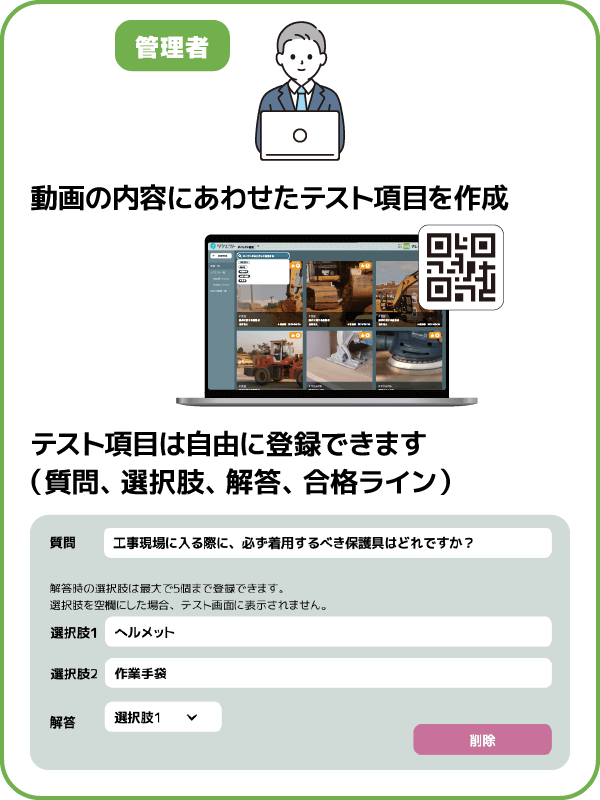 管理者 動画の内容にあわせたテスト項目を作成 テスト項目は自由に登録できます（質問、選択肢、解答、合格ライン）