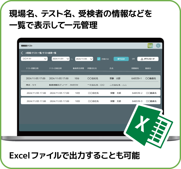 現場名、テスト名、受検者の情報などを一覧で表示して一元管理 Excelファイルで出力することも可能